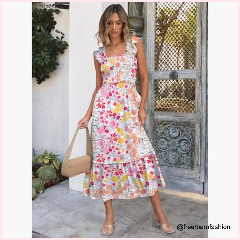 Sleeveless Maxi Dress Square Neck Smocked Boho Casual Ruffle Strap Flowy A-Line - Picture 2 of 7